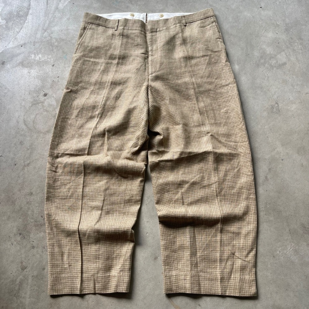Vintage 80s Polo Ralph Lauren Mens Silk Flax Houndstooth Pants Italy Tan 40R